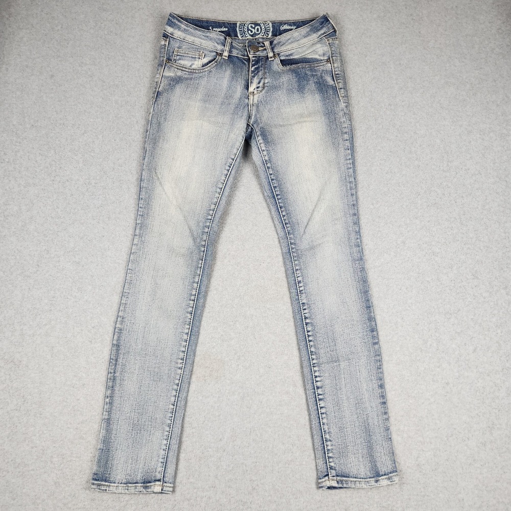 SO Jeans Womens 5 Regular Light Blue Whiskered Denim Low Rise Stretch Skinny Leg